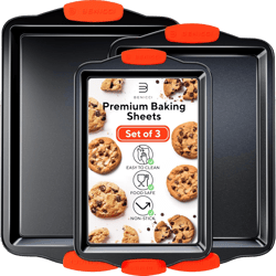 Premium Non-Stick Baking Sheets Set of 3 - Deluxe BPA Free, Easy to Clean Racks w/Silicone Handles - Bakeware Pans for Cooking Baking Roasting - Lets You Bake The Perfect Cookie or Pastry Every Time