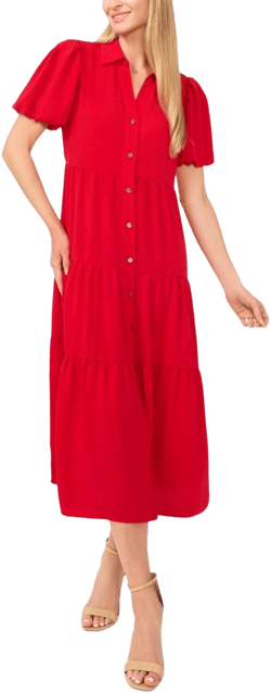 CeCe Women's Short Sleeve Maxi Tiered Shirt Dress