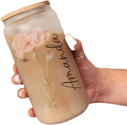 Personalized Birth Month Flower Glass Tumbler, 16 oz Glass Can with Lid and Straw, Iced Coffee Cup with Name, Bridesmaid Proposal, Personalized Gifts for Women, Mom, Teachers, Birthday, Mother's Day