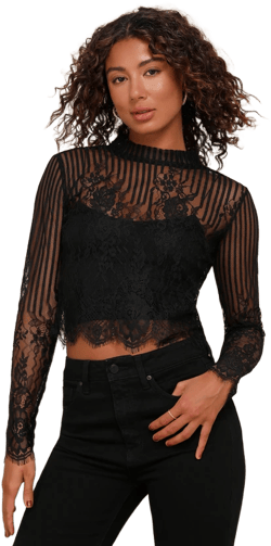 Tempt Me Black Sheer Lace Long Sleeve Crop Top