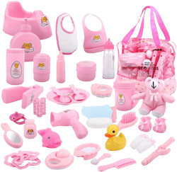 40 Piece Baby Doll Accessories Bag With Baby Feeding Accessories, Clothes, Doll Bear, Bath Toys, Soother Dummy And Much More - Great Nurturing Pretend Toy For Kids
