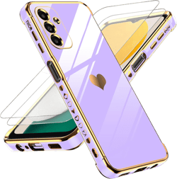 LeYi for Samsung A13 5G Case: with Love Heart Tempered Glass Screen Protector [2 Pcs]+ Full Camera Lens Protection for Women Girl, Plating Luxury Soft Shockproof Case for A 13 5G, Purple Purple A13 5G 6.5"