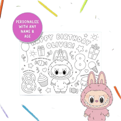 Labubu Personalized Coloring Placemat - Printable The Monsters Digital Download, Custom Kids Birthday Activity Sheet Party Favor, Decor, LBB
