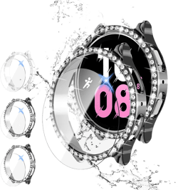 4+4 Pack Bling Diamond Case & Screen Protector for Galaxy Watch 5/4 44mm - Tempered Glass Film & Hard PC Bumper for Women 4Packs(Transparent*2+Black*2) Galaxy Watch 5/4 44mm