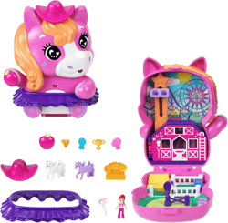 Polly Pocket Dolls and Playset, Pony Rodeo Compact, Travel Toy with 1 Micro Doll, Pet Horses, Food & Fashion Styling Accessories