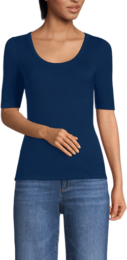 Lands' End Women's Petite Drapey Rib Fitted Elbow Sleeve Scoop Neck Tee - Large - Deep Sea Navy