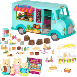 Li’l Woodzeez – Honeysuckle Sweet & Treats Playset – 107 Pcs Food Truck & Pretend Play Food – Cat Family with Storybook Included – Doll Playset with Furnitures for Kids 3 Years +