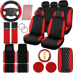 43 Pcs Bling Car Accessories Set For Women Front Seats And Rear Bench Polyester Car Seat Protectors Wheel Cover Seat Car Floor Mats Full Crystal Automotive Interior Decor Red And Black