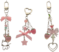 1 Pc Women Y2K Style Pink Bowknot Hollow Cat Heart Strawberry Chain Phone Strap Bag Charm Pendant, Gift For Family And Friends