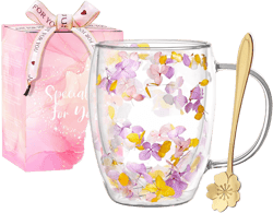 Double Wall Glass Coffee Mugs, Aesthetic Dried Flowers Cups with Handles,Espresso Cups for Cappuccino Coffee Tea Milk,Insulated Heat Resistant Glass Mug Christmas Birthday Gifts for Women Purple and Pink