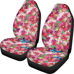 GIFTPUZZ Pink Floral Butterfly Pattern Car Front Seat Covers Set of 2 Bucket Saddle Blanket for Women Non-Slip Seat Protector Cushion Cover Universal Fit Most Car, Truck, SUVs