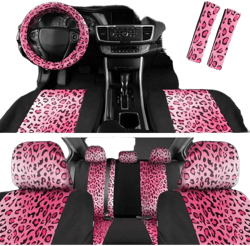 CarXS Leopard Print Car Seat Covers Full Set Includes Matching Seat Belt Pads And Steering Wheel Cover TwoTone Cheetah Hot Pink Seat Covers For Women Car Seat Protector Interior Covers