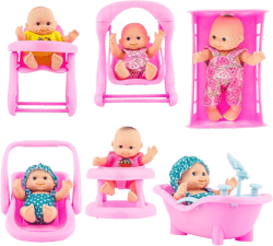 PowerTRC 6 Set of Mini 5 Inch Baby Girl Toy Dolls Collection with High Chair, Cradle, Walker, Swing, Bathtub and Baby Seat Accessories for Girls 3-6 Years Old Set of 1