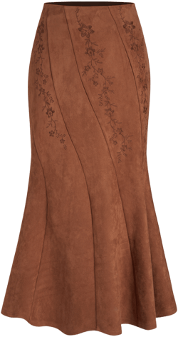 Suede Mid Rise Floral Ruffle Hem Mermaid Maxi Skirt