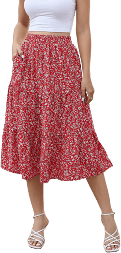 Lyrur Women's Floral Midi Skirt with Pockets High Elastic Waist Flowy Ruffle Casual Summer Boho Aline Skirts