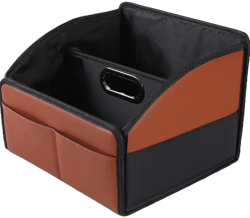 [2025 UPDATED] Leather Car Seat Organizer, Foldable Storage Box for Front Seat, Back Seats & Floor – Removable Divider, Metal Handle, Adjustable