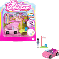 Barbie Mini BarbieLand Toy Vehicle Playset with 1.5-inch Doll & Convertible Car with Color-Change Surprise, Plus Street Sign Accessory