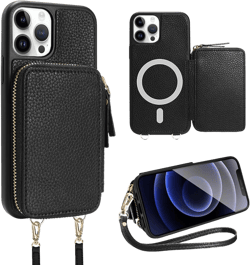 ZVE for iPhone 15 Pro Wallet Case for Magsafe, Crossbody Magnetic Phone Case with Card Holder Wrist Strap for Women, Zipper Leather RFID Blocking Cover for iPhone 15 Pro, 6.1"-Black