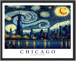 Chicago Starry Night Theme Wall Art Painting Decor, Illinois Art For Bedroom, Bathroom, Living Room (11x14 inches Unframed) 14L" x 11W" Chicago IL