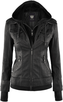 Made By Johnny MBJ Women's Faux Leather Motorcycle Jacket with Hoodie