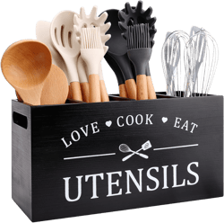 Black Farmhouse Utensil Holder for Kitchen Counter Extra Large Cooking Utensil Holder Caddy Utensils Storage Organizer for Countertop Rustic Wood Kitchen Tool Decor Utensil Crock Spatula Holder