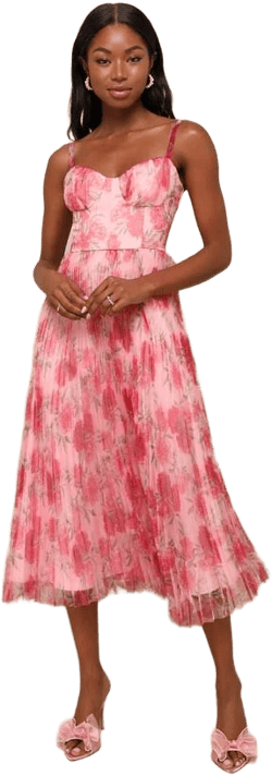 Lulus Floral Pleated Bustier Midi Dress