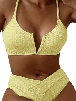 HYTENSUN Women's V Cut High Waisted Bikini Ribbed V-Wired Cami Two Pieces Swimsuit