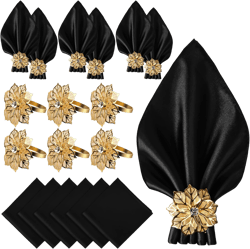 CROWN GUIDE 12 Pack Gold Napkin Rings and Cloth Napkins Set of 6, 17x17 Satin Cocktail Napkins Bulk Table Napkins Holder for Wedding Reception Personalized Napkins Bridal Shower for Party Decorative Black 6 napkin cloth + 6 napkin rings