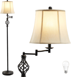 GyroVu 3 Color Temperature LED Floor lamp, Traditional 350° Adjustable Swing Arm Floor Lamp Vintage Pole lamp Farmhouse Lamp for Living Rooms & Offices, Rustic Standing Lamp for Bedroom Reading Beige Bell Lampshade