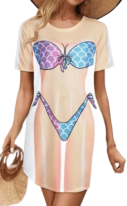 elescat Women's Beach Cover Up Bikini Printed Short Sleeve Tshirt Dress Baggy Cute Coverups