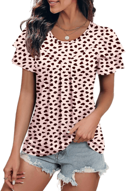 Women's Ruffle Short Sleeve Crewneck Pleated Front Blouse