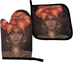 African American Black Woman Oven Mitts and Pot Holders Insulated Gloves & Kitchen Counter Safe Mats for Cooking BBQ Baking Grilling (2-Piece Set)