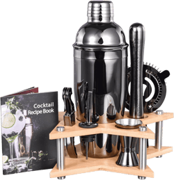 11-Piece Cocktail Shaker Set, 750 ml Stainless Steel Bartender Set with Bamboo Stand for Mixed Drinks, Gift for Friends, Men, Women, with Recipe Book (Grey-Titanium Plated)