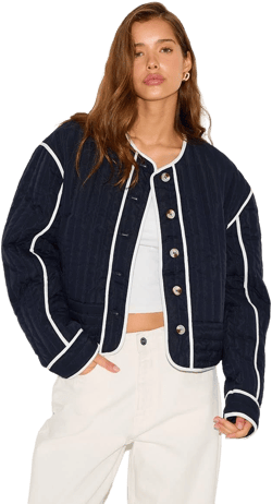 Quilted Button Up Round Neck Jacket