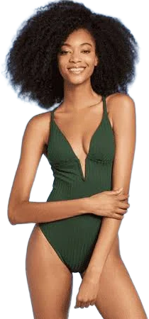 Shade & Shore Women's Ribbed Plunge Front V-Wire One Piece Swimsuit