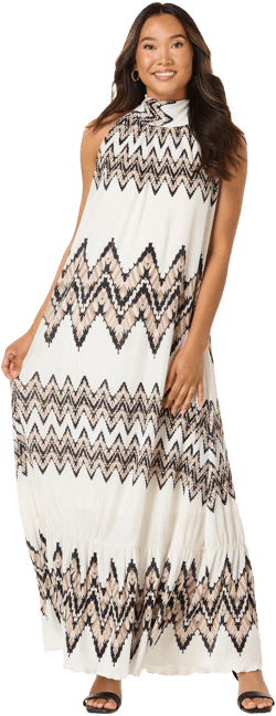 Tie Neck Pleated Chevron Maxi Dress