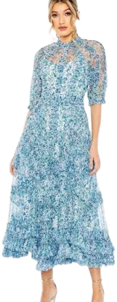 Mac Duggal Women's Mesh Puff Sleeve Floral Print Dress