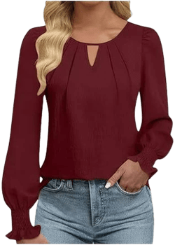 Jalioing Long Sleeve Blouses for Fashion Pleated Crew Neck Shirts Business Casual Work Tops Clothes Women's