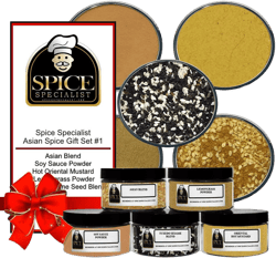 Asian Spice Gift Set #1 - Our Asian Cuisine Set Contains: 5 Plastic Jars (1 each of: Asian Seasoning, Japanese Curry Powder, Soy Sauce Powder, Hot Oriental Mustard & Tuxedo Sesame Seeds)