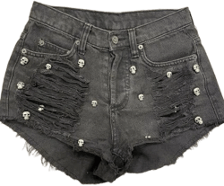 Car Mar Women's Beaded Skull Distressed Denim Shorts