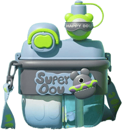 Dual Drink Water Bottle Kawaii Dual Split Cups for Drinks，Cute Dual Use Water Bottle with Two Straw and Shoulder Strap - for School Outdoor Sport Camping Travel (Blue)