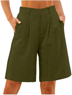 Women's Pleated Cotton Linen Bermuda Shorts