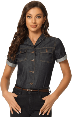 Allegra K Women's Button Up Collared Short Sleeve Pocket Classic Denim Shirt