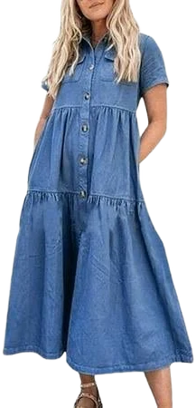 Women's Casual Denim Maxi Dress with Pockets