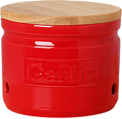 ONTUBE Garlic Keeper with Wooden Lid, Ceramic Garlic Holder Storage, Garlic Container for Kitchen, Garlic Saver to Keep Your Garlic Cloves Fresh Longer 4 Inch, Red