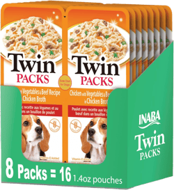 INABA Twin Packs for Dogs, Side Dish/Topper Cups, 1.4 Ounces per Serving, 16 Servings, Chicken with Vegetables & Beef Recipe in Chicken Broth