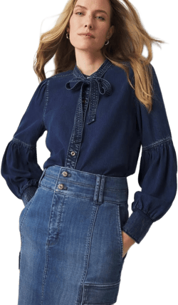 White House Black Market Women's Tie-Neck Denim Shirt