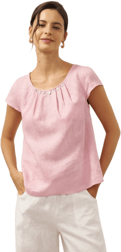 Linen Shell Button Pleated Crew Neck Top