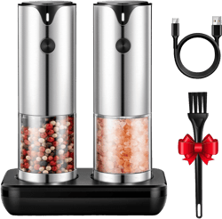 Rechargeable Electric Salt and Pepper Grinder Set - Extra Large 1/2 Cup Capacity with Base - Automatic Peppercorn & Sea Salt Mill Shaker Set with Adjustable Coarseness & LED Light
