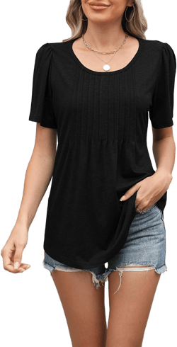 Round Neck Pleated Short Sleeve Blouse